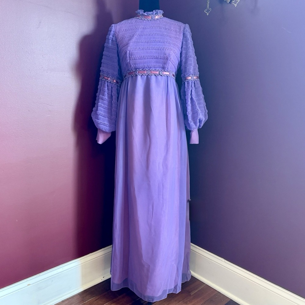 VTG 70s Chiffon Maxi Purple Dress Lantern Sleeves Bridgerton Renaissance Cottage